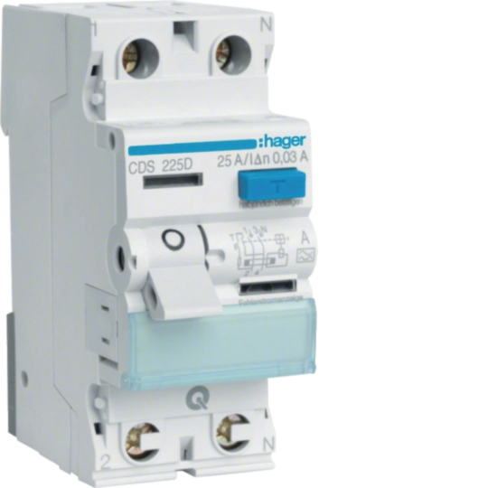 Protectie diferentiala RCCB - Intrerupator diferential RCCB, 2P, 25A, 30mA, tip A, Hager, CDS225D, QuickConnect
