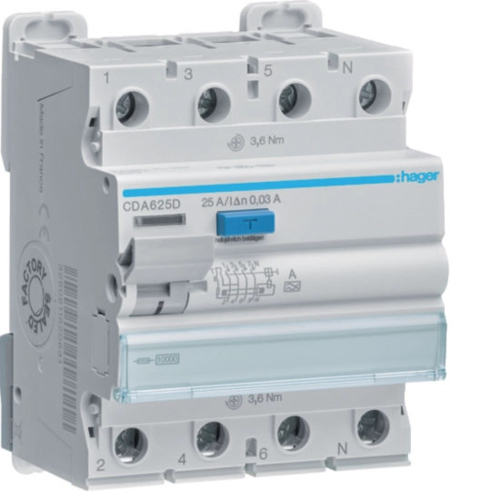 Sigurante si protectii - Intrerupator diferential 4P 10KA, 25A, 30mA, tip A, Hager, CDA625D