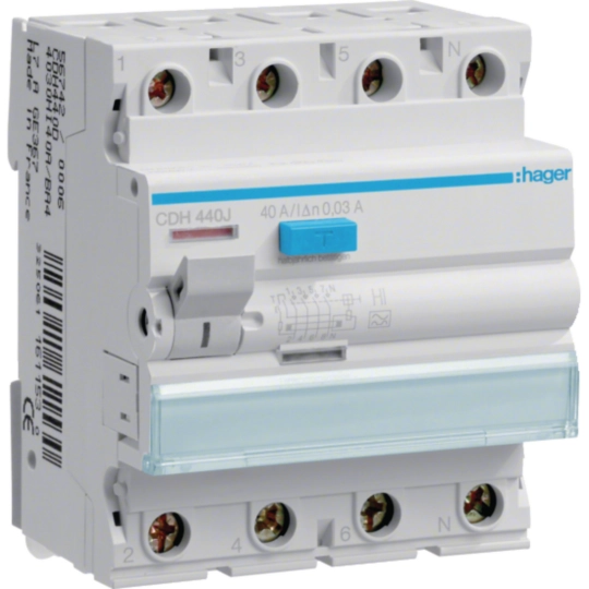 Sigurante si protectii - Intrerupator diferential 4P 40A, 30mA, tip A HI, Hager, CDH440H
