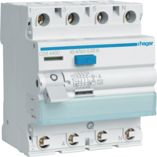 Protectie diferentiala RCCB - Intrerupator diferential RCCB, 4P, 40A, 30mA, tip A, Hager, CDS440D, QuickConnect