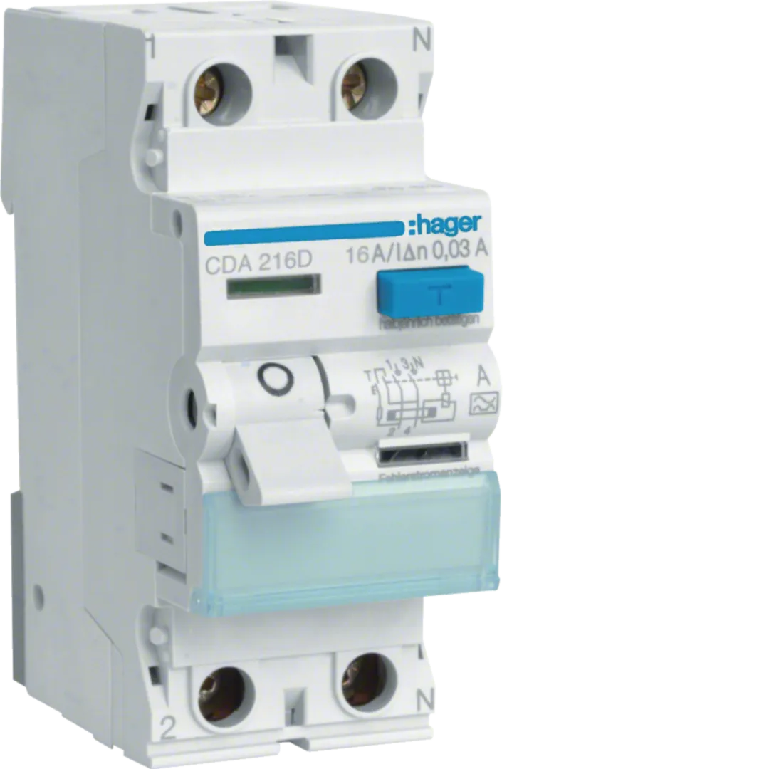 Protectie diferentiala RCCB - Întrerupător diferențial Hager CDA216D 2P 16A 30mA 6kA tip A