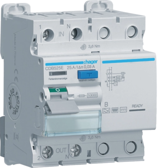Protectie diferentiala RCCB - Intrerupator diferential RCCB,  2P 25A, 30mA, tip B, Hager, CDB525E