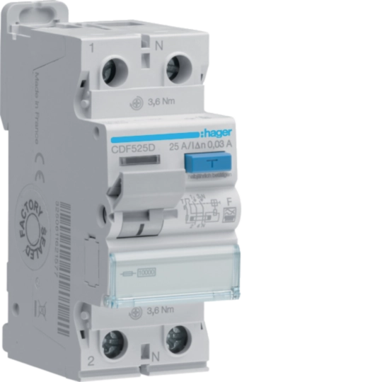 Protectie diferentiala RCCB - Intrerupator diferential RCCB,  2P 25A, 30mA, tip F, Hager, CDF525D