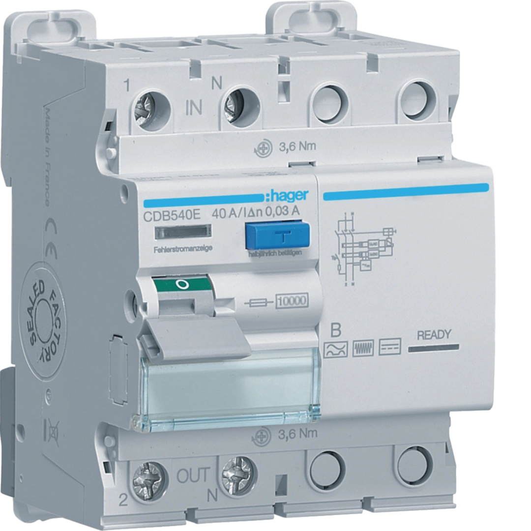 Protectie diferentiala RCCB - Intrerupator diferential RCCB,  2P 40A, 30mA, tip B, Hager, CDB540E
