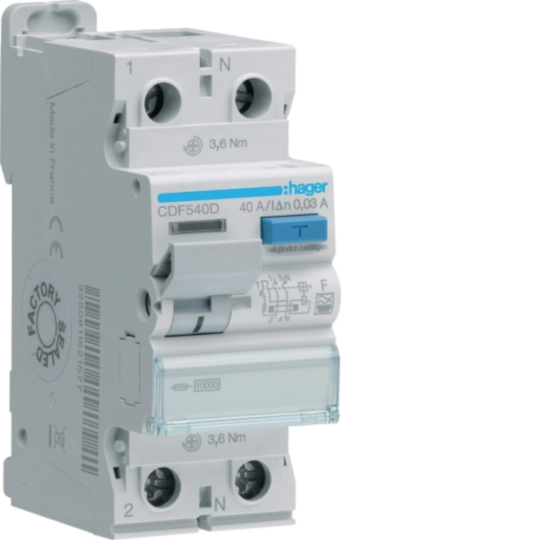 Protectie diferentiala RCCB - Intrerupator diferential RCCB,  2P 40A, 30mA, tip F, Hager, CDF540D