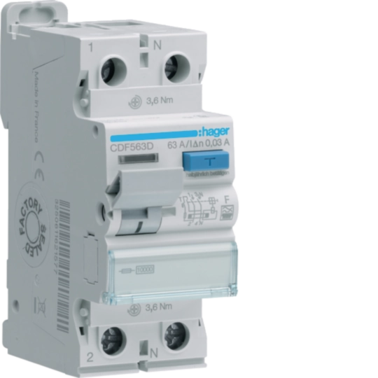 Protectie diferentiala RCCB - Intrerupator diferential RCCB,  2P 63A, 30mA, tip F, Hager, CDF563D