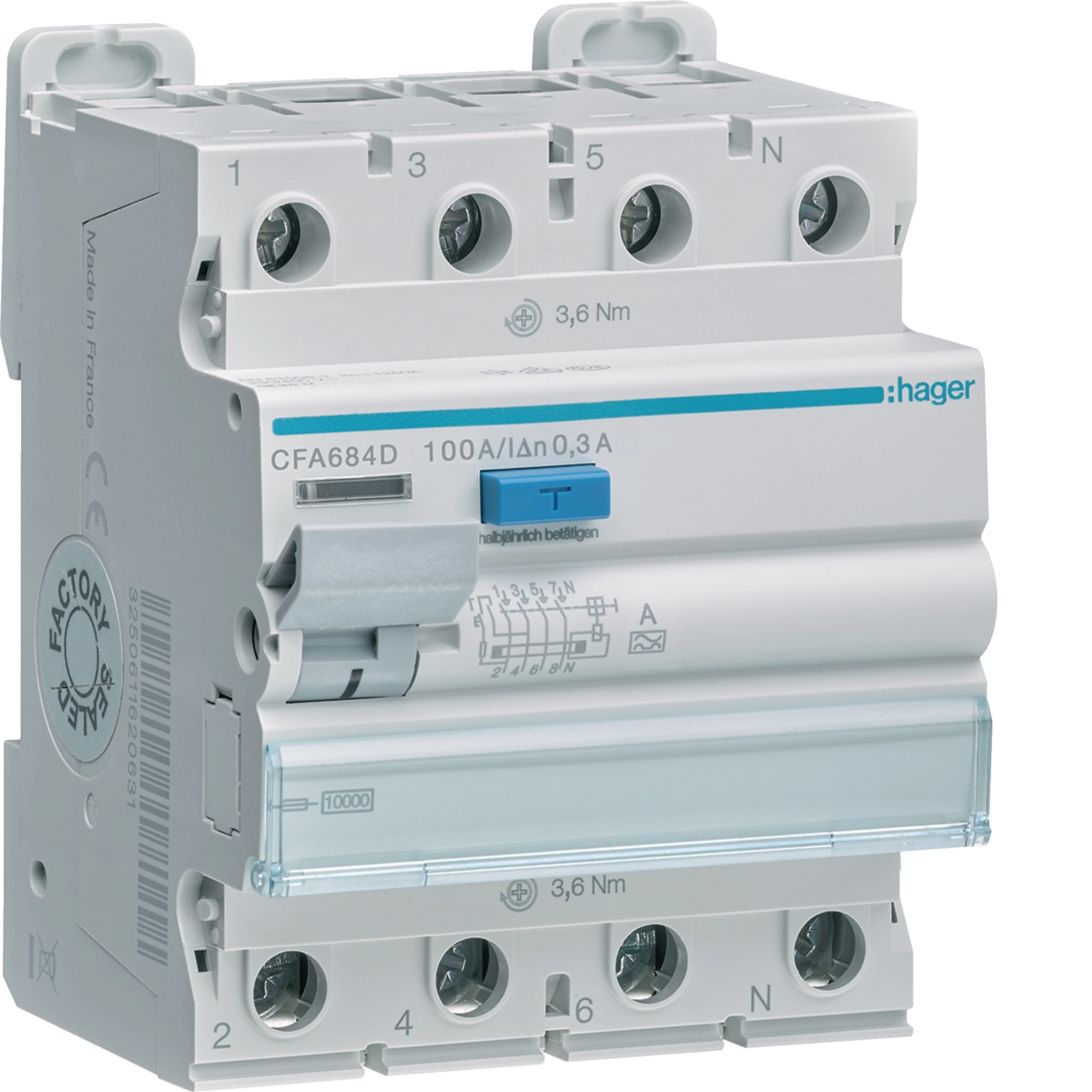 Sigurante si protectii - Intrerupator diferential RCCB, 4P, 100A, 300mA, tip A, Hager, CFA684D