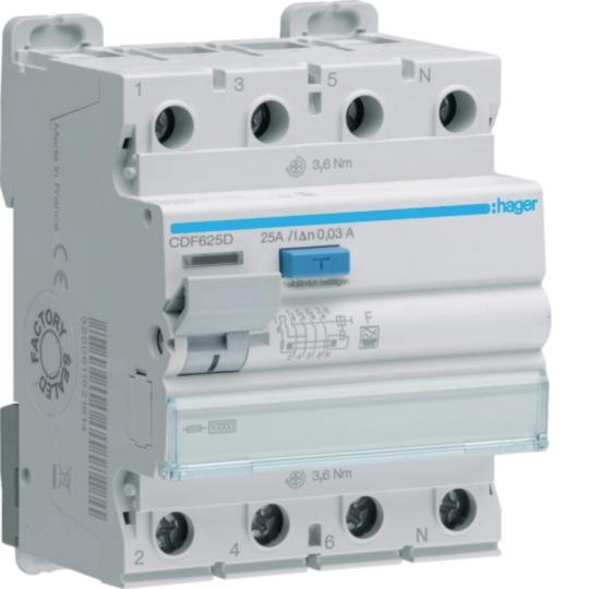 Sigurante si protectii - Intrerupator diferential RCCB,  4P 25A, 30mA, tip F, Hager,