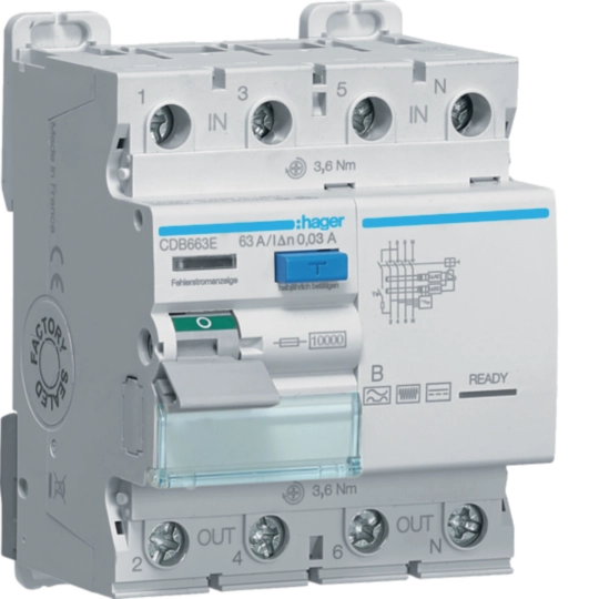 Protectie diferentiala RCCB - Intrerupator diferential RCCB,  4P 63A, 30mA, tip B, Hager, CDB663E