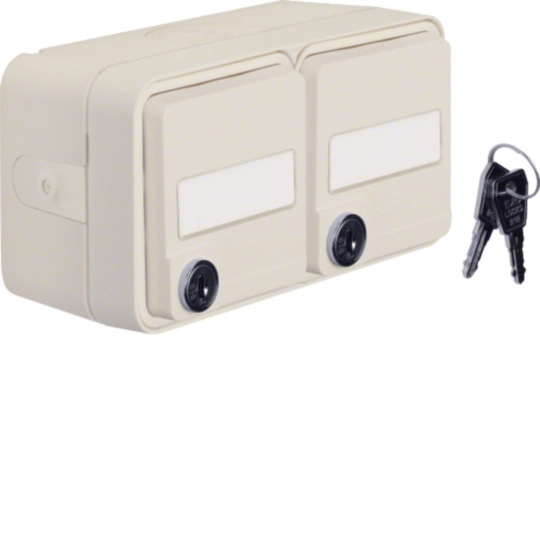 Produse - Priza dubla Schuko, port eticheta cu cheie W.1, IP55, alb polar, Hager, WNC147B