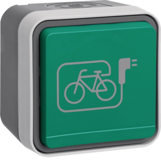 Produse - Priza Schuko cu capac verde simbol E-bike W.1, IP55, gri, Hager, WNC195
