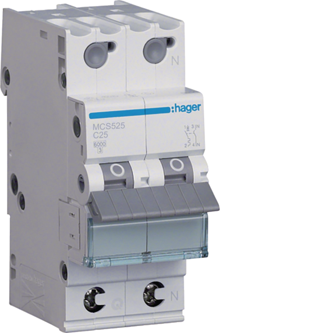 Sigurante si protectii - Siguranta automata Hager MCS525 25A 1P+N/2module curba C 6kA
