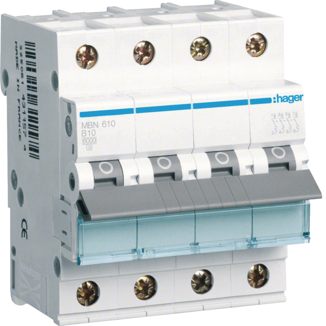Sigurante si protectii - Siguranta automata Hager MBN610 10A 3P+N curba B 6kA