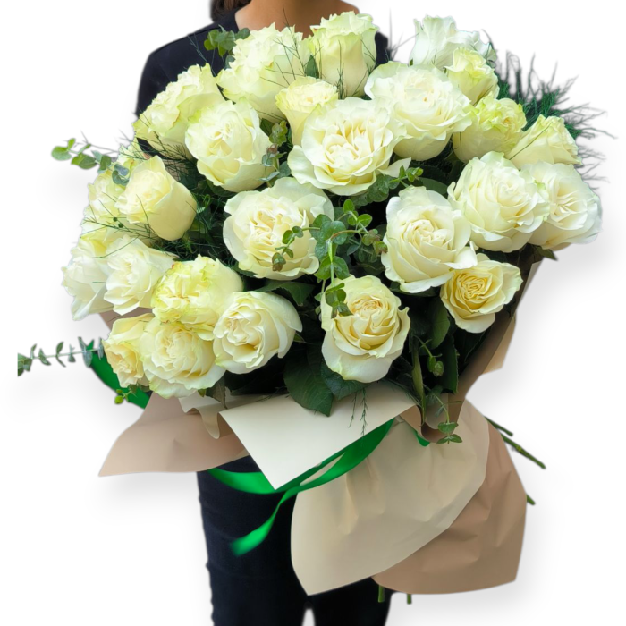 25 Trandafiri Albi – Buchet Elegant Premium Buqueteria [2]