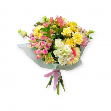 Buchete Mix Flori - Buchet Romantic cu Trandafiri, Lisiantus și Flori de Sezon – Cadoul Perfect pentru Ea