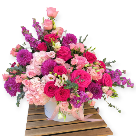 Aranjamente Florale - Aranjament floral in cutie cu trandafiri, dalii si hortensii Buqueteria