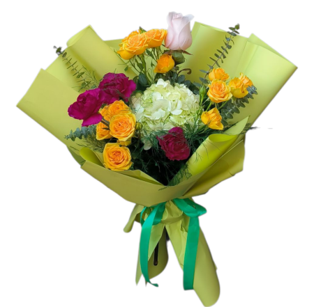 Buchete Trandafiri - Buchet cu trandafir mini trandafiri si hortensie Buqueteria