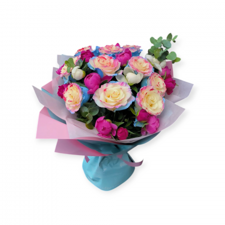 Buchete Trandafiri - Buchet spectaculos cu Trandafiri colorați și Bujori albi & roz – cadoul floral care impresionează