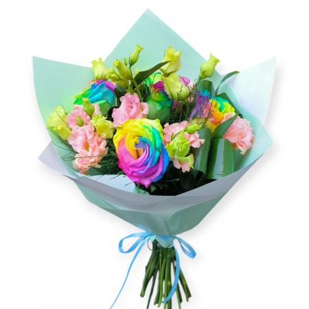 Buchete Trandafiri - Buchet Trandafiri Rainbow Si Lisianthus