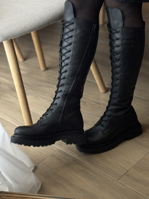 Cizme lungi din piele naturală cu șiret și fermoar lateral – fabricate în România [2]