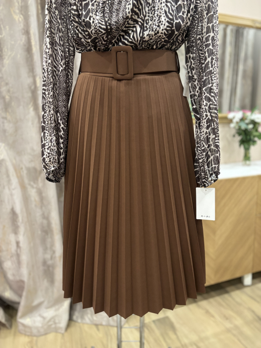 Fustă maro plisată cu curea - [3]