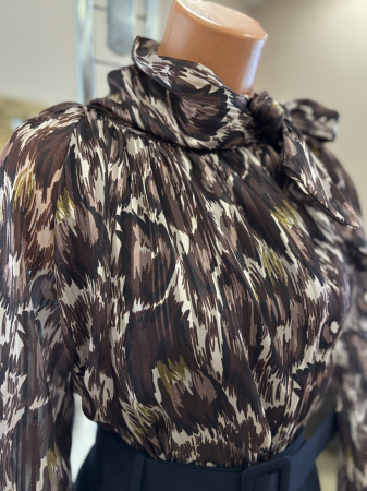 Bluză elegantă cu funda și inserții aurii - maro [3]