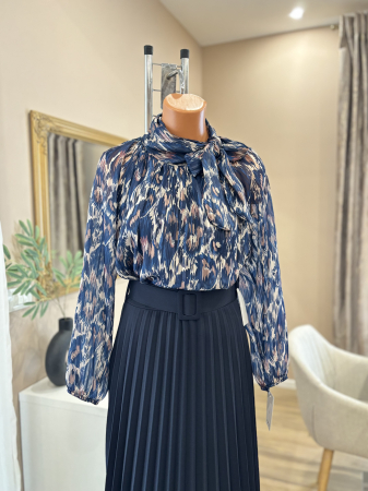 Bluză elegantă cu funda și inserții aurii - albastru [4]