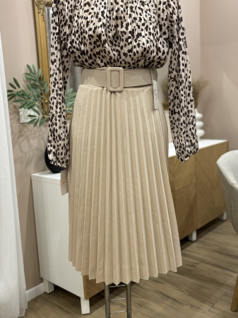 Fuste - Fustă bej plisată cu curea