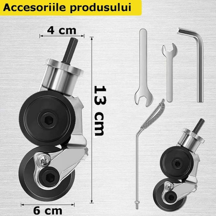 ADAPTOR PROFESIONAL PENTRU BORMAȘINĂ, DISPOZITIV CU ROLE PENTRU TĂIAT TABLĂ (OȚEL, ALUMINIU, CUPRU), PRINDERE 1/4, ARGINTIU [6]