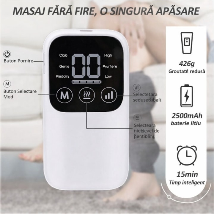 APARAT DE MASAJ PENTRU PICIOARE ȘI GAMBE CU PRESIUNE DE AER ȘI ÎNCĂLZIRE , 3 MODURI, 3 TREPTE DE INTENSITATE, DISPLAY LED, ÎNCĂRCARE USB, GRI [8]