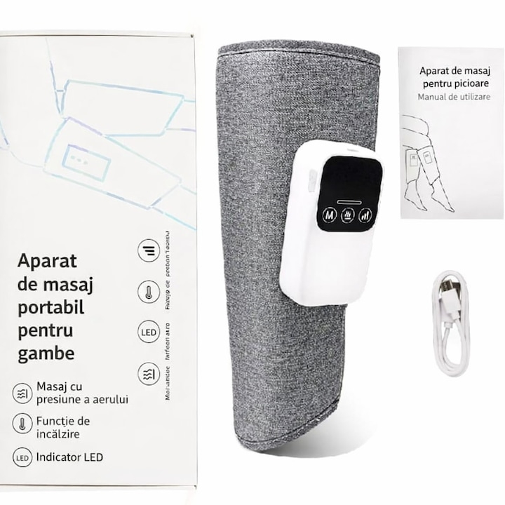 APARAT DE MASAJ PENTRU PICIOARE ȘI GAMBE CU PRESIUNE DE AER ȘI ÎNCĂLZIRE , 3 MODURI, 3 TREPTE DE INTENSITATE, DISPLAY LED, ÎNCĂRCARE USB, GRI [2]