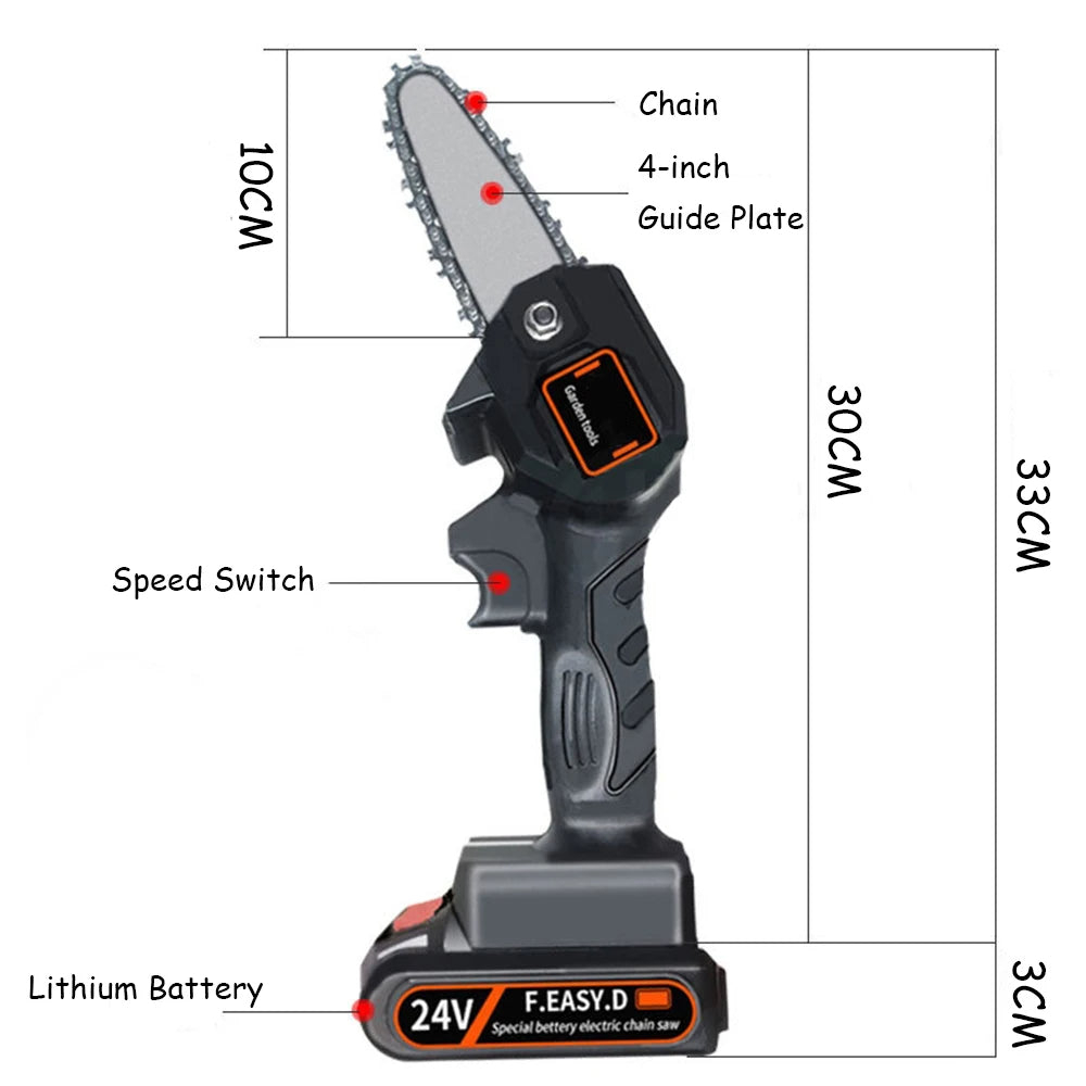 MINI DRUJBĂ ELECTRICĂ 10 CENTIMETRI, 48V, INCLUDE 2 ACUMULATORI LI-ION 4500MAH, 2000 RPM, ÎNCĂRCĂTOR ȘI PILĂ ASCUȚIRE LANȚ [3]