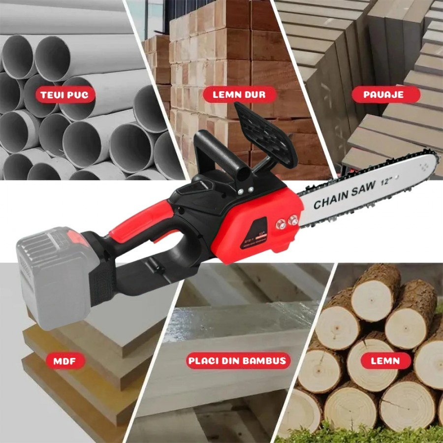 DRUJBĂ ELECTRICĂ CU LANȚ, 12 INCHI (30.5 CM), 2 ACUMULATORI 48V LITIU, 4800 RPM, UNIBOX , MOTOFIERĂSTRĂU PORTABIL PENTRU TĂIERE LEMNE ȘI GRĂDINĂRIT [4]