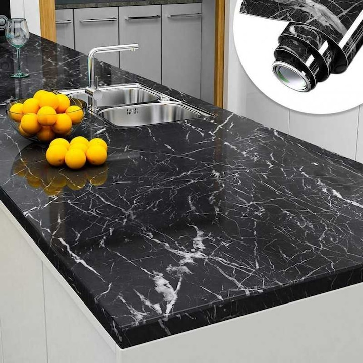 FOLIE AUTOCOLANTĂ MARMURĂ NEAGRĂ 60X300CM – AUTOADEZIVĂ, WATERPROOF, DESIGN PREMIUM PENTRU RECONDIȚIONARE BLAT BUCĂTĂRIE ȘI MOBILIER [2]