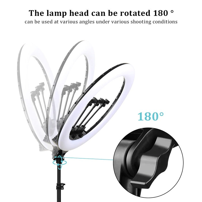 LAMPĂ CIRCULARĂ RING LIGHT PROFESIONALĂ 58 CM, MODEL STUDIO, 450 LED-URI, STATIV 210 CM INCLUS, TELECOMANDĂ ȘI TREI SUPORTURI TELEFON [2]