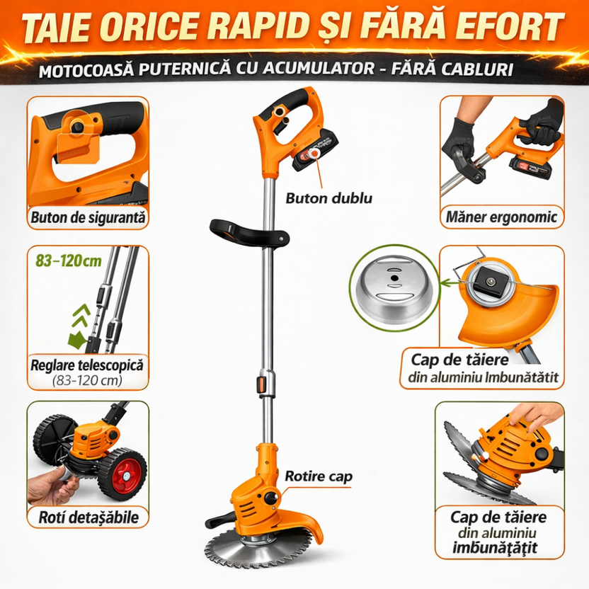 MOTOCOASĂ ELECTRICĂ PROFESIONALĂ CU 2 ACUMULATORI 48V – 18000 RPM, ROȚI DETAȘABILE ȘI SET COMPLET ACCESORII (DISC, LAME METAL, PALETE), TRIMMER PENTRU IARBĂ ȘI BURUIENI [3]