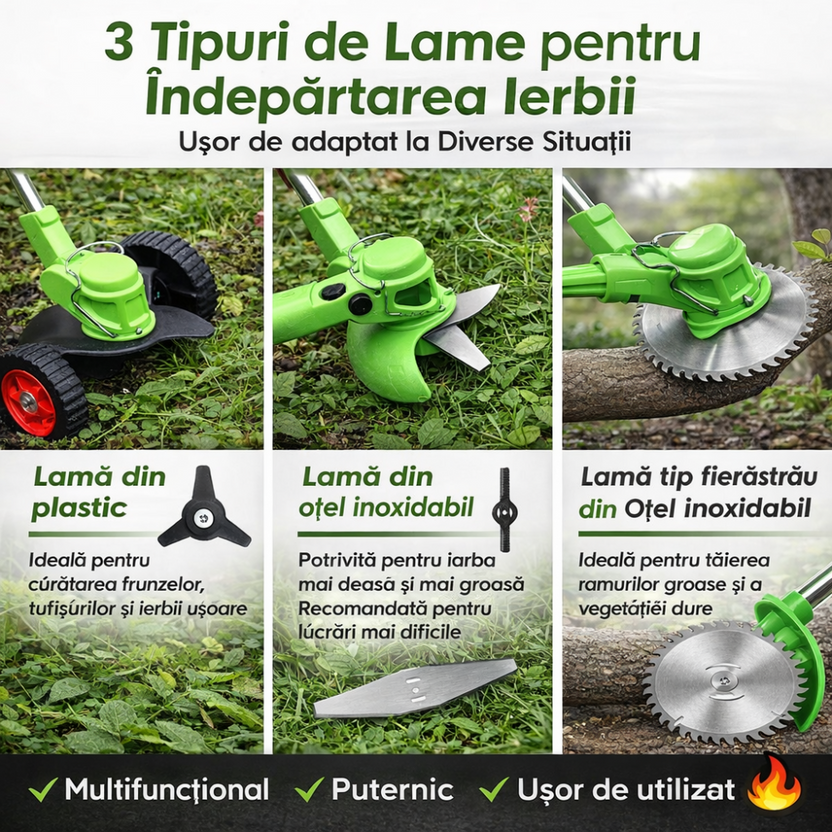 MOTOCOASĂ ELECTRICĂ PROFESIONALĂ CU 2 ACUMULATORI 48V – 18000 RPM, ROȚI DETAȘABILE ȘI SET COMPLET ACCESORII (DISC, LAME METAL, PALETE), TRIMMER PENTRU IARBĂ ȘI BURUIENI [6]