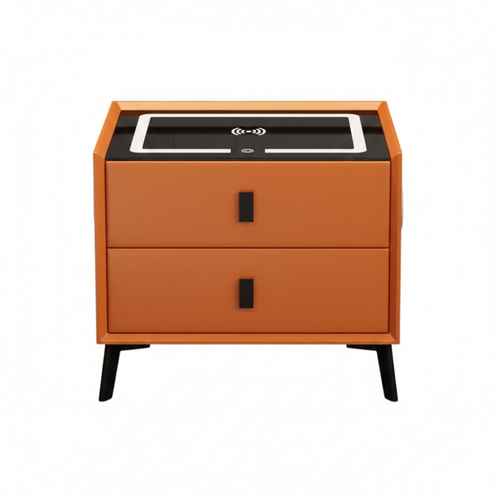 Noptiera inteligenta cu incarcare wireless, iluminare LED, difuzor Bluetooth, port USB si Type-C culoare portocaliu, 2 sertare, design modern din sticla si lemn [2]