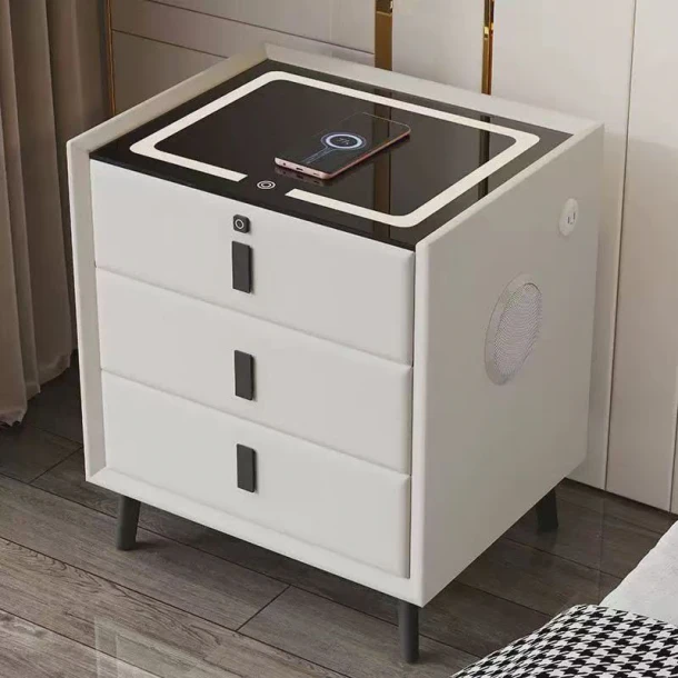NOPTIERĂ INTELIGENTĂ MULTIFUNCȚIONALĂ CU 3 SERTARE, BLOCARE CU AMPRENTĂ, LED TACTIL, ÎNCĂRCARE WIRELESS ȘI BOXĂ BLUETOOTH , GRI DESCHIS, STICLĂ SECURIZATĂ [2]