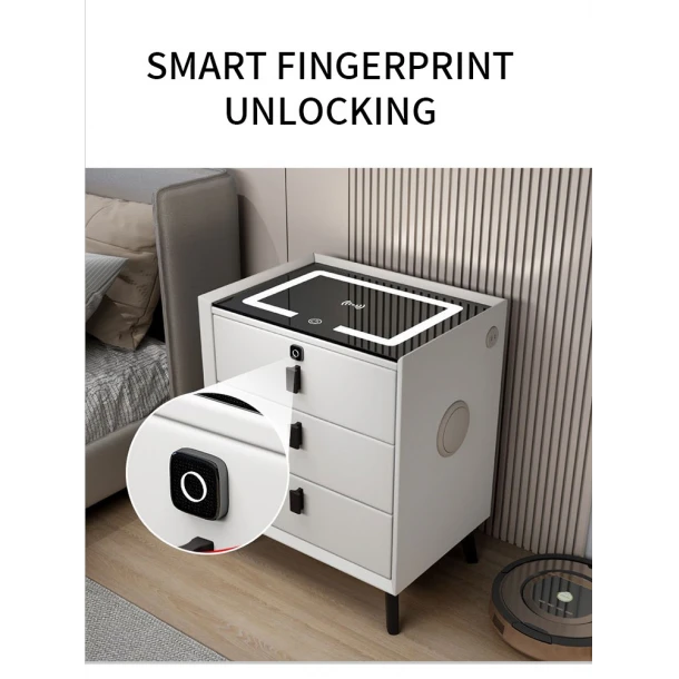 NOPTIERĂ INTELIGENTĂ MULTIFUNCȚIONALĂ CU 3 SERTARE, BLOCARE CU AMPRENTĂ, LED TACTIL, ÎNCĂRCARE WIRELESS ȘI BOXĂ BLUETOOTH , GRI DESCHIS, STICLĂ SECURIZATĂ [5]