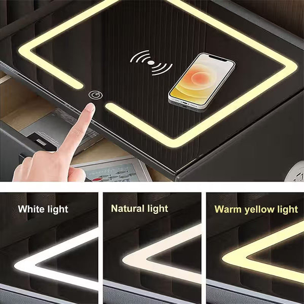 Noptiera smart multifunctionala, 2 sertare, iluminare LED tactil, 3 culori, incarcare wireless/USB, difuzor bluetooth dim 50x40x46, CU AMPRENTA , CREM [4]
