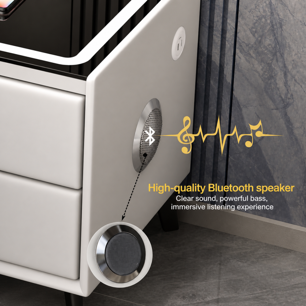 Noptiera smart multifunctionala, 2 sertare, iluminare LED tactil, 3 culori, incarcare wireless/USB, difuzor bluetooth dim 50x40x46, CU AMPRENTA , CREM [8]