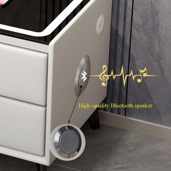 Noptiera smart multifunctionala, 2 sertare, iluminare LED tactil, 3 culori, incarcare wireless/USB, difuzor bluetooth dim 50x40x46, CU AMPRENTA , GRI DESCHIS [9]