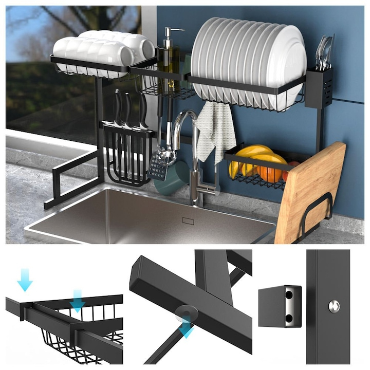 RAFT SCURGĂTOR DE VASE PESTE CHIUVETĂ, EXTENSIBIL 85-105 CM, OȚEL INOXIDABIL, 9 ACCESORII INCLUSE, ORGANIZARE PREMIUM BUCĂTĂRIE – NEGRU [3]