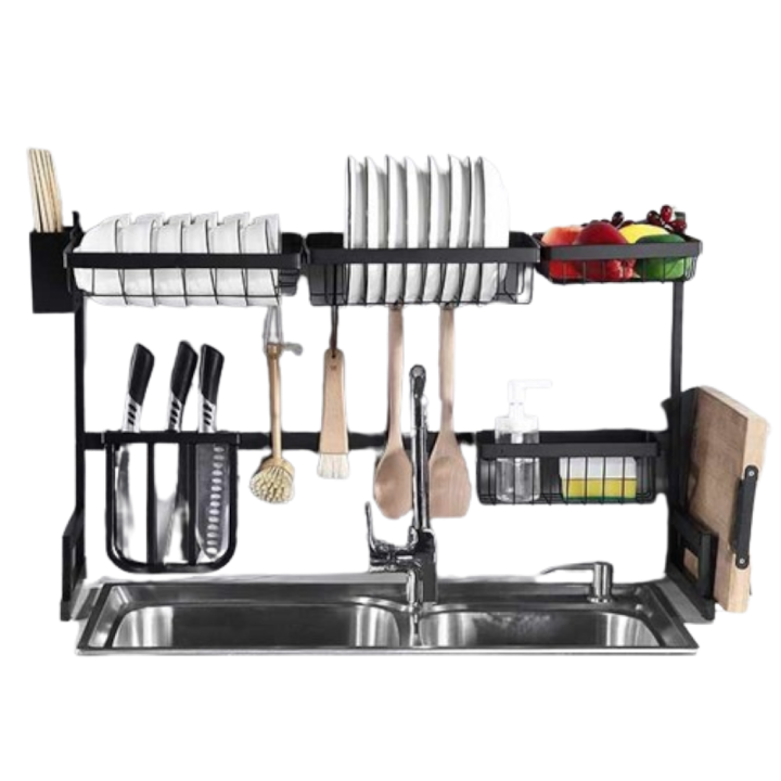 RAFT SCURGĂTOR DE VASE PESTE CHIUVETĂ, EXTENSIBIL 85-105 CM, OȚEL INOXIDABIL, 9 ACCESORII INCLUSE, ORGANIZARE PREMIUM BUCĂTĂRIE – NEGRU [8]
