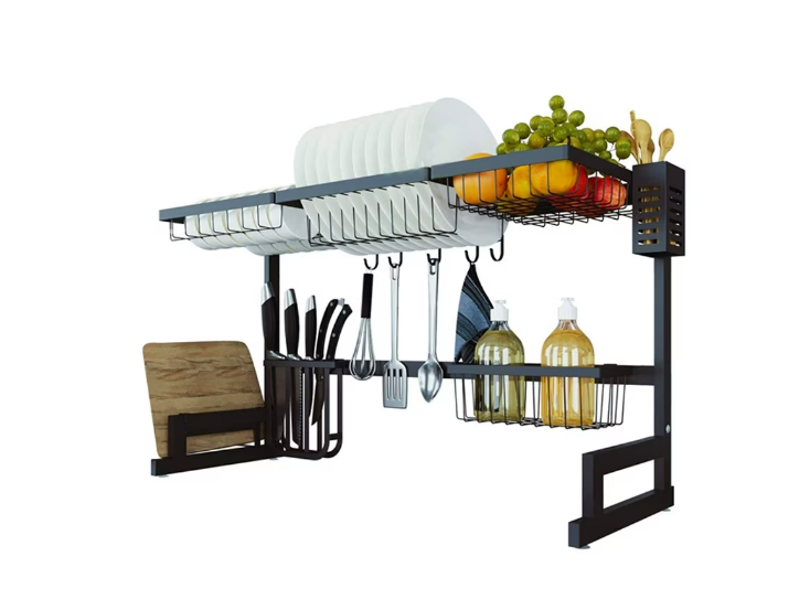 RAFT SCURGĂTOR DE VASE PESTE CHIUVETĂ, EXTENSIBIL 85-105 CM, OȚEL INOXIDABIL, 9 ACCESORII INCLUSE, ORGANIZARE PREMIUM BUCĂTĂRIE – NEGRU [10]