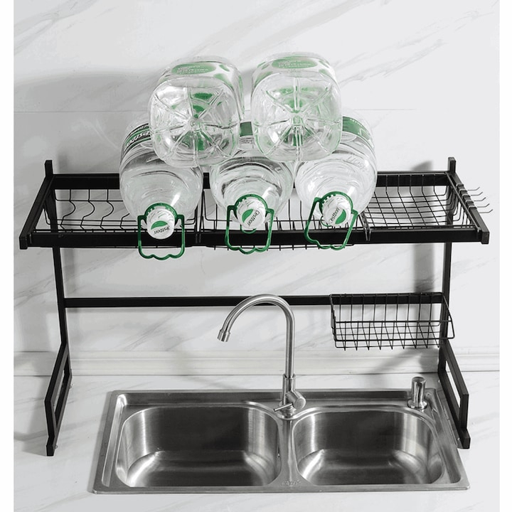 RAFT SCURGĂTOR DE VASE PESTE CHIUVETĂ, EXTENSIBIL 85-105 CM, OȚEL INOXIDABIL, 9 ACCESORII INCLUSE, ORGANIZARE PREMIUM BUCĂTĂRIE – NEGRU [6]