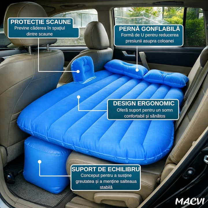 SALTEA AUTO GONFLABILĂ PREMIUM CU 2 PERNE ȘI POMPĂ ELECTRICĂ INCLUSĂ – PAT PORTABIL PENTRU BANCHETA DIN SPATE, DESIGN ERGONOMIC, IDEALĂ PENTRU CAMPING, CĂLĂTORII ȘI ODIHNĂ, ALBASTRU [3]
