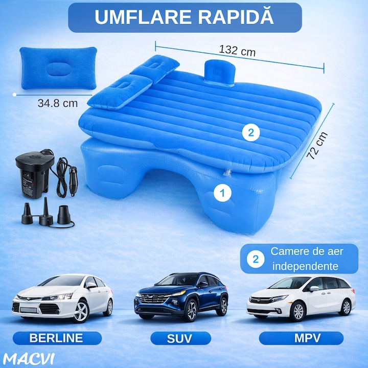SALTEA AUTO GONFLABILĂ PREMIUM CU 2 PERNE ȘI POMPĂ ELECTRICĂ INCLUSĂ – PAT PORTABIL PENTRU BANCHETA DIN SPATE, DESIGN ERGONOMIC, IDEALĂ PENTRU CAMPING, CĂLĂTORII ȘI ODIHNĂ, ALBASTRU [5]