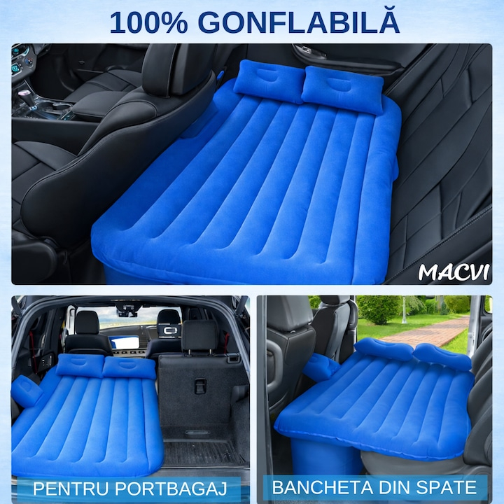 SALTEA AUTO GONFLABILĂ PREMIUM CU 2 PERNE ȘI POMPĂ ELECTRICĂ INCLUSĂ – PAT PORTABIL PENTRU BANCHETA DIN SPATE, DESIGN ERGONOMIC, IDEALĂ PENTRU CAMPING, CĂLĂTORII ȘI ODIHNĂ, ALBASTRU [4]